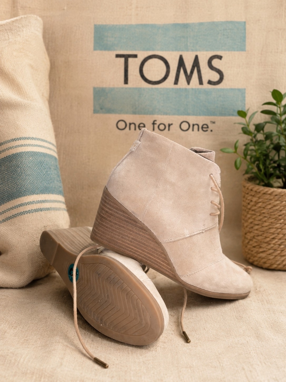 TOMS Women's Beige Suede Wedge Booties